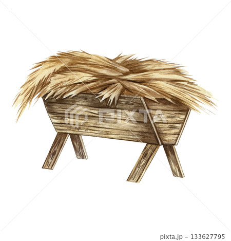 Wooden manger with hay. The illustration is hand-drawn in watercolor. Select it. Animal feed. For the design of farm projects, as well as for Christmas decorations, postcards, and more. Wooden manger with hay. The illustration is hand-drawn in watercolor. Select it. Animal feed. For the design of farm projects, as well as for Christmas decorations, postcards, and more. 133627795