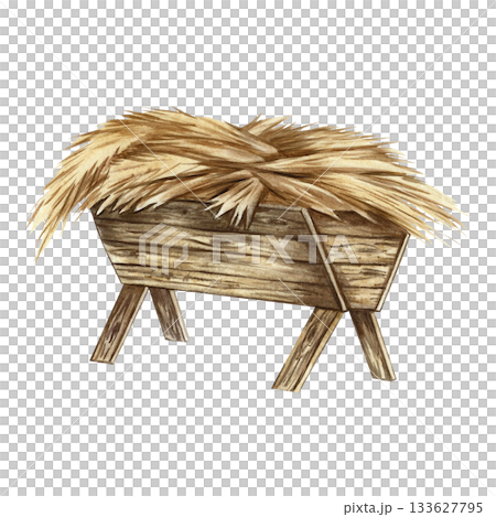 Wooden manger with hay. The illustration is hand-drawn in watercolor. Select it. Animal feed. For the design of farm projects, as well as for Christmas decorations, postcards, and more. Wooden manger with hay. The illustration is hand-drawn in watercolor. Select it. Animal feed. For the design of farm projects, as well as for Christmas decorations, postcards, and more. 133627795