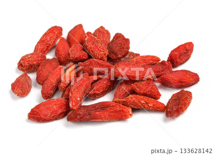 Closeup photo of goji berry (wolfberry - Lycium chinense) dried fruits isolated on white background 133628142