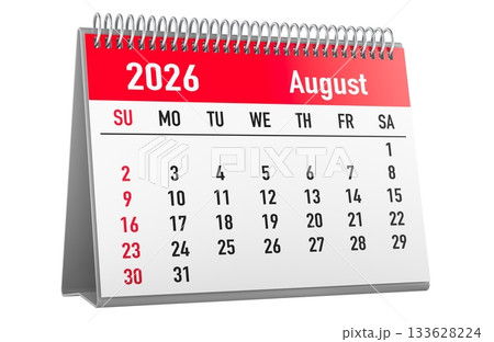 August 2026 desk calendar page with red header. Sunday-first layout and red weekend dates, 3D rendering August 2026 desk calendar page with red header. Sunday-first layout and red weekend dates, 3D rendering 133628224