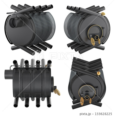 Black convection stove buleryan heater, four angle views. 3D rendering 133628225