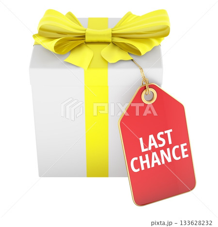 Gift box with last chance tag, holiday offer, 3D rendering 133628232
