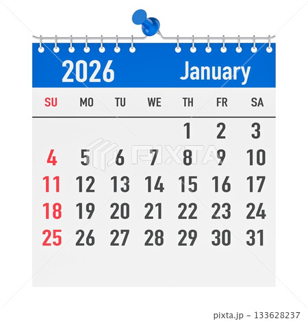 January 2026 wall calendar page with push pin. 3D rendering 133628237
