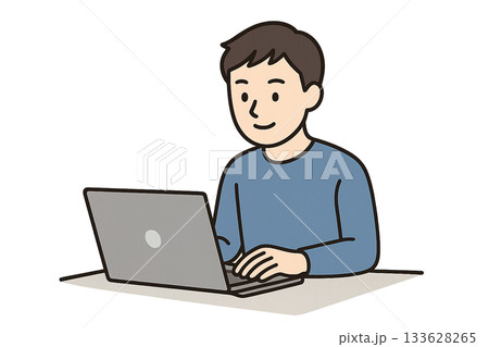 ノートパソコンで作業する人物・男性のイラスト（透明背景・プレゼン資料向け） 133628265