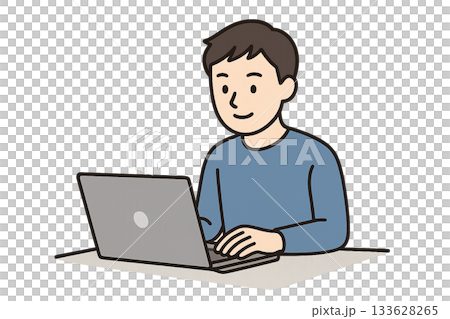 ノートパソコンで作業する人物・男性のイラスト（透明背景・プレゼン資料向け） 133628265