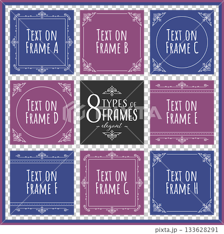 Simple line square decorative frame set with space for text. Purple and navy blue. Stylish and mature illustrations. 133628291