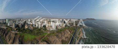 Aerial view of La Costa Verde and the Miraflores boardwalk in Lima 133628470