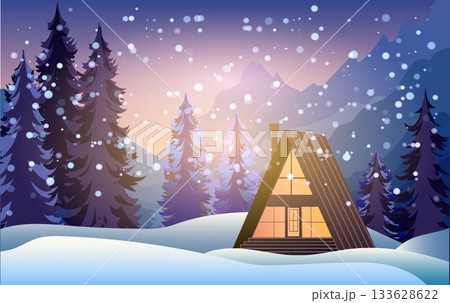 A picturesque winter scene showcases a cozy cabin nestled among tall evergreen trees 133628622