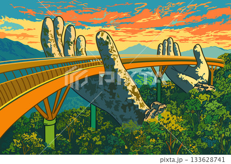 Golden Bridge in Vietnam. Vector vibrant landscape 133628741