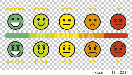 情緒評分。表情符號圖示。表情符號反饋。滿意、好評、負評。 133628816