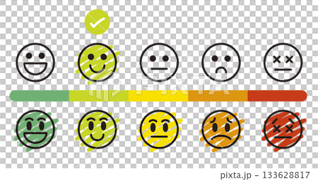 Emotion rating. Emoticon icons. Emoji feedback. Satisfied, good, bad reviews. 133628817