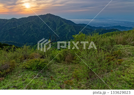 丹沢表尾根・三ノ塔から見る朝日と大山・湘南の海 133629023