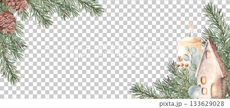 Christmas Advent banner with Winter plants, fir, pine branches and cones, candle and ceramic house, lantern. Watercolor horizontal frame, border. Hand drawn illustration. Perfect as a web banner, card 133629028