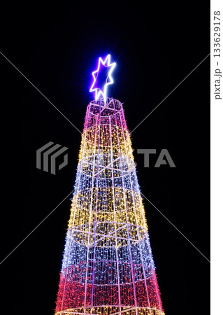 Illuminated Christmas tree with star topper at night Illuminated Christmas tree with star topper at night 133629178