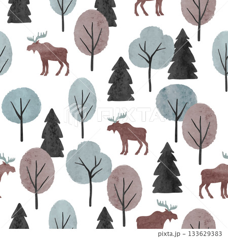 Seamless forest pattern with elks. Vector watercolor wood illustration with moose 133629383