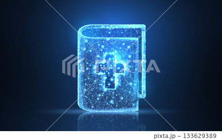 Bible with cross. Polygonal wireframe mesh on blue with dots, stars. 133629389