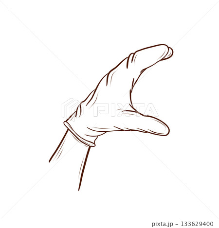 A hand in a latex glove, positioned as if holding a burger. Vector illustration in a line art style, brown lines, isolated on a white background. Suitable for menus, packaging, fast food, hygiene A hand in a latex glove, positioned as if holding a burger. Vector illustration in a line art style, brown lines, isolated on a white background. Suitable for menus, packaging, fast food, hygiene 133629400