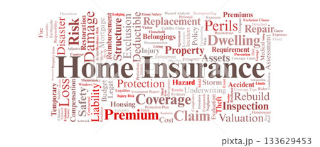 Home Insurance Word Cloud. Core Terms on Property Protection, Coverage, and Risk Concepts 133629453