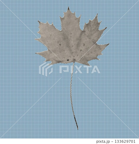 Vintage halftone maple leaf illustration created with black dots on a textured background. Retro botanical vector design element suitable for posters, prints, stickers, and modern graphic artwork. Vintage halftone maple leaf illustration created with black dots on a textured background. Retro botanical vector design element suitable for posters, prints, stickers, and modern graphic artwork. 133629701