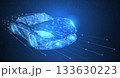 Vector high speed motion car night city drive. Abstract wire low poy car illustration on dark blue cityscape background with stars, headlight on. 133630223