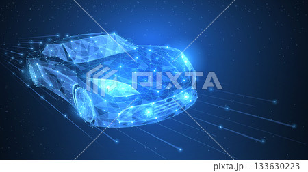 Vector high speed motion car night city drive. Abstract wire low poy car illustration on dark blue cityscape background with stars, headlight on. Vector high speed motion car night city drive. Abstract wire low poy car illustration on dark blue cityscape background with stars, headlight on. 133630223