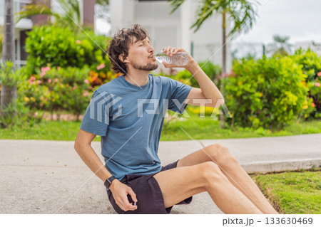 Man drinking water during outdoor workout in the park, staying hydrated while exercising. Concept of fitness, wellness, active lifestyle, health, and refreshing hydration for physical wellbeing Man drinking water during outdoor workout in the park, staying hydrated while exercising. Concept of fitness, wellness, active lifestyle, health, and refreshing hydration for physical wellbeing 133630469