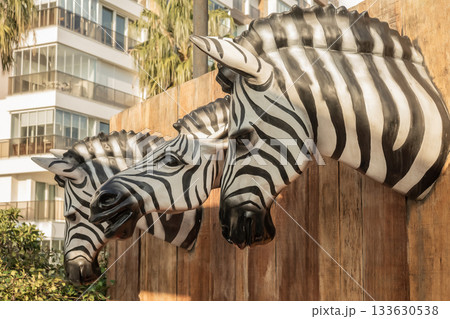 Zebra head sculptures on wooden fence in urban environment 133630538