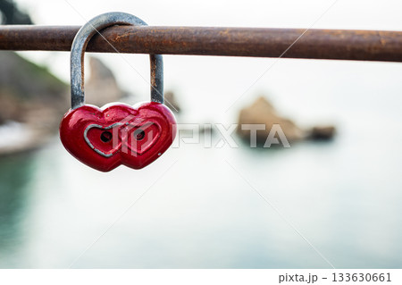 Red heart-shaped padlock on railing overlooking ocean landscape Red heart-shaped padlock on railing overlooking ocean landscape 133630661