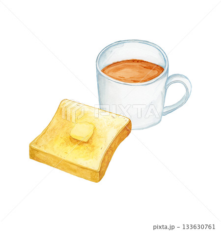 水彩イラストのコーヒーとバタートーストの朝食セット 133630761