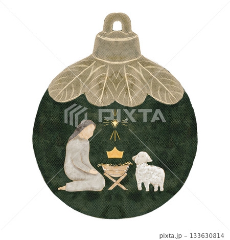 Virgin Mary kneeling by the manger inside a dark green Christmas ornament with a small golden star. Nativity illustration for Christmas cards, religious layouts, holiday printables, seasonal decor 133630814