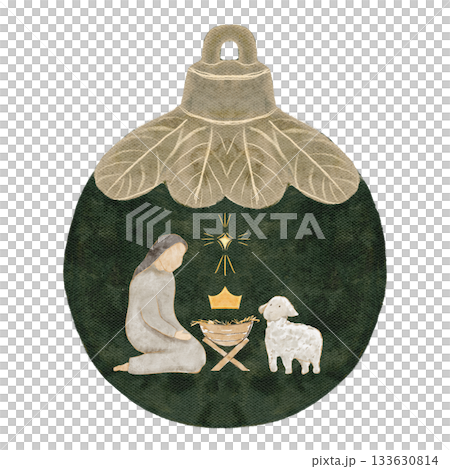 Virgin Mary kneeling by the manger inside a dark green Christmas ornament with a small golden star. Nativity illustration for Christmas cards, religious layouts, holiday printables, seasonal decor 133630814