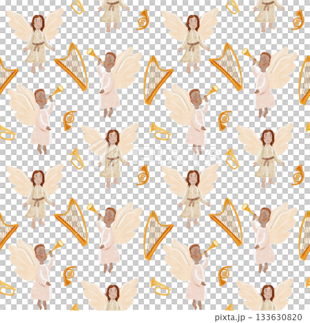 Angels with instruments a golden trumpet, harp, symbolizing diversity and holiday joy. Watercolor seamless pattern isolated on white background. Perfect for Christmas cards, decor, inclusive projects 133630820