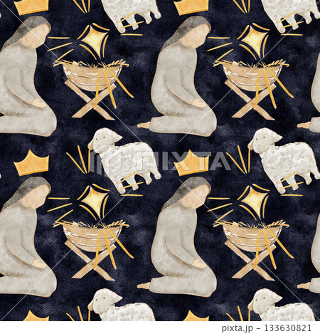 Kneeling Mary beside a manger, crown, lamb and a glowing golden star. Hand-painted watercolor nativity seamless pattern on dark blue background, ideal for Christmas cards, packaging, holiday designs. 133630821