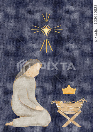 Kneeling Mary beside a manger, crow and a glowing golden star. Hand-painted watercolor nativity illustration on textured blue background, scene ideal for Christmas cards, devotionals, holiday designs Kneeling Mary beside a manger, crow and a glowing golden star. Hand-painted watercolor nativity illustration on textured blue background, scene ideal for Christmas cards, devotionals, holiday designs 133630822