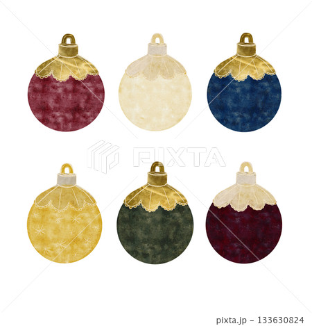 Christmas tree colorful textured ornaments with golden top watercolor set isolated on white. Perfect for wrapping paper, cards, Christmas, new year, invitations, stickers, textile, posters design Christmas tree colorful textured ornaments with golden top watercolor set isolated on white. Perfect for wrapping paper, cards, Christmas, new year, invitations, stickers, textile, posters design 133630824