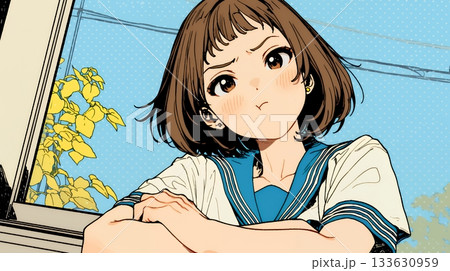 「ふん！」という表情でそっぽを向いている制服を着た女子高生