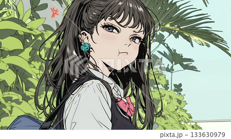 「ふん！」という表情でそっぽを向いている制服を着た女子高生