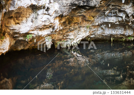 Cave ceiling with layered rock formations 133631444