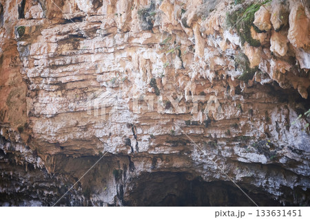 Layered rock wall with moss patches 133631451