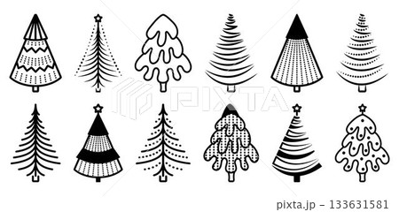 Black line Christmas tree vector icon set. Winter monochrome signs. Various types of fir, spruce, pine with decorative patterns. Coniferous tree cliparts 133631581