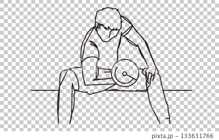 線條畫插圖,描繪一名男子正在用啞鈴進行肌肉訓練。 線條畫插圖,描繪一名男子正在用啞鈴進行肌肉訓練。 133631766