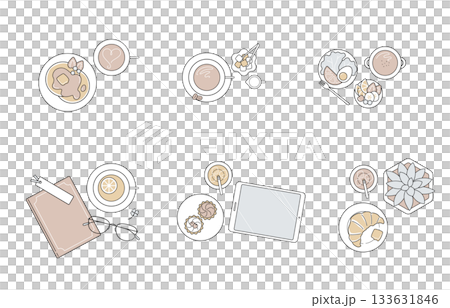 Minimalist cafe and food related aerial view layout | Elegant line icon set in muted colors Minimalist cafe and food related aerial view layout | Elegant line icon set in muted colors 133631846