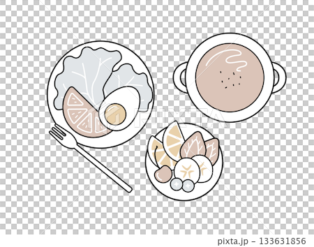 沙拉、湯和水果拼盤餐點圖示：早午餐，健康食品（暗色） 133631856