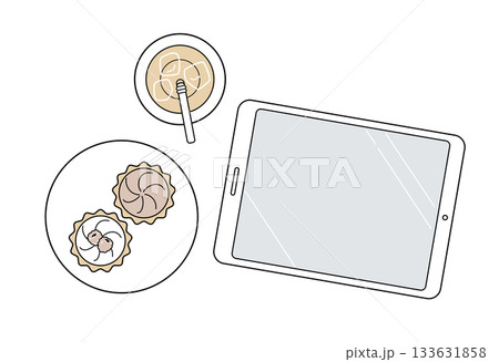 タブレットとタルトのラインアイコン:ティータイム・デジタル(くすみカラー) タブレットとタルトのラインアイコン:ティータイム・デジタル(くすみカラー) 133631858