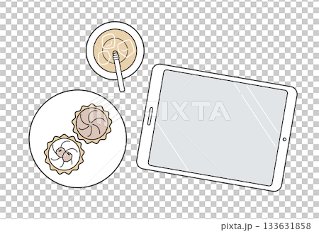 Tablet and tart line icon: Tea time digital (dull color) Tablet and tart line icon: Tea time digital (dull color) 133631858