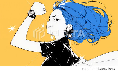 ガッツポーズ（拳を握って力強く）をしているビジネスウーマン（シンプルな色使い）