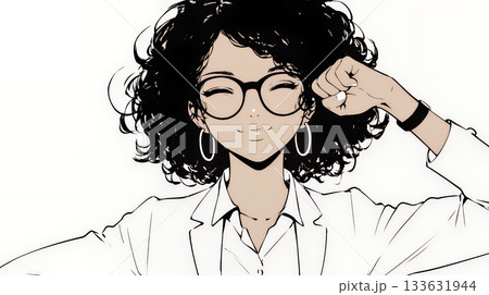 ガッツポーズ（拳を握って力強く）をしているビジネスウーマン（シンプルな色使い）