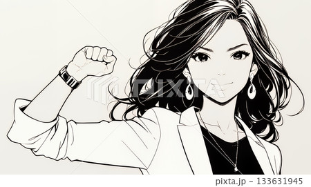 ガッツポーズ（拳を握って力強く）をしているビジネスウーマン（シンプルな色使い）