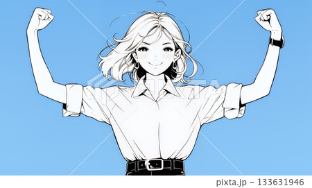ガッツポーズ（拳を握って力強く）をしているビジネスウーマン（シンプルな色使い）