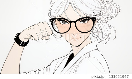 ガッツポーズ（拳を握って力強く）をしているビジネスウーマン（シンプルな色使い）